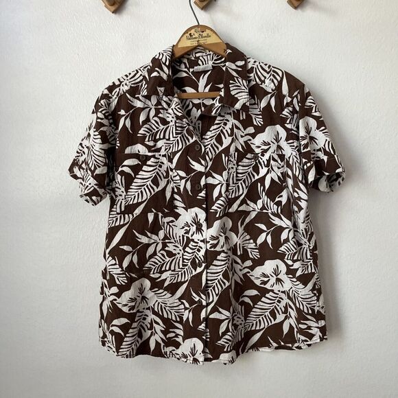 y2k White Stag short sleeve brown white tropical womens shirt button M - Picture 1 of 6